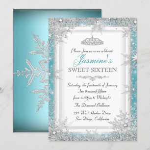 Blue Silver Winter Wonderland Sweet 16 Invitation
