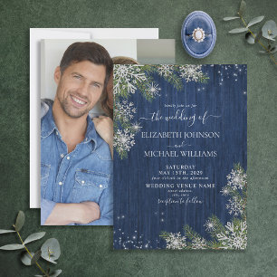 Blue Silver Winter Wood Plaid Rustic Photo Wedding Invitation