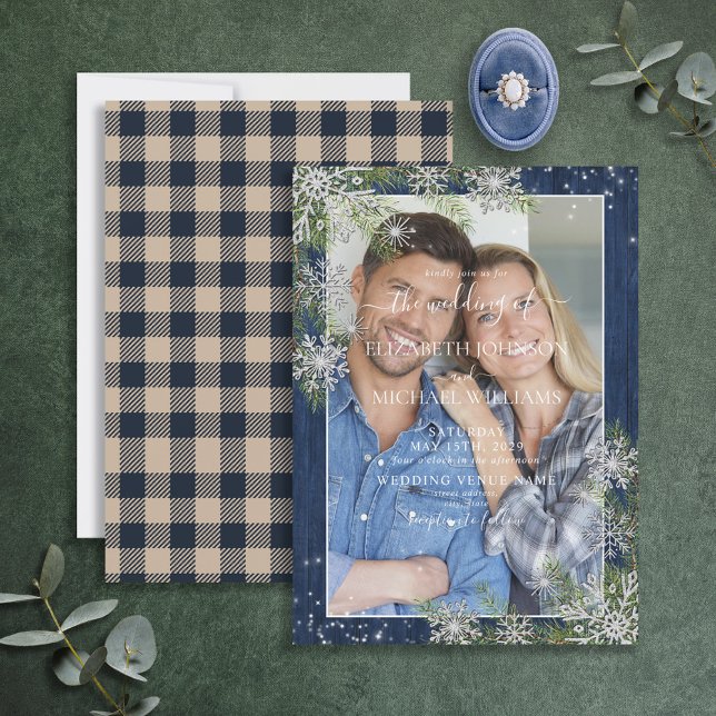 Blue Silver Winter Wood Plaid Rustic Photo Wedding Invitation (Creator Uploaded)