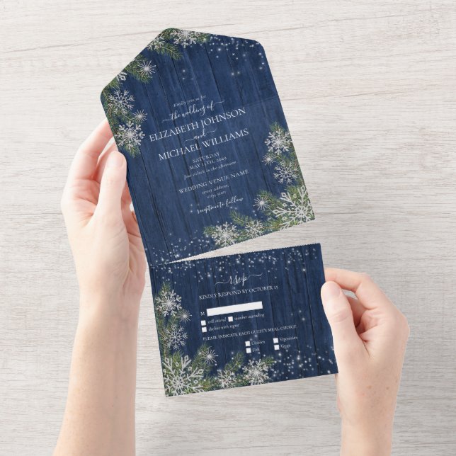 Blue Silver Winter Wood Plaid Rustic Wedding +Menu All In One Invitation (Tearaway)
