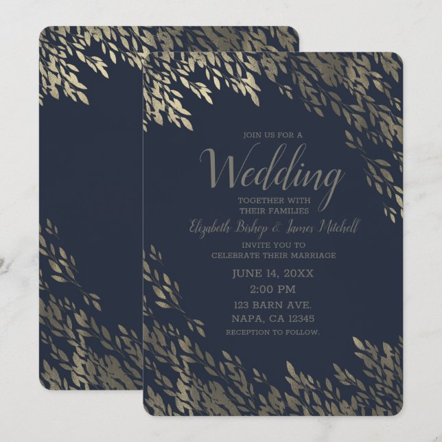 Blue & Silvery Silver Leaves Chic Rustic Wedding Invitation (Front/Back)