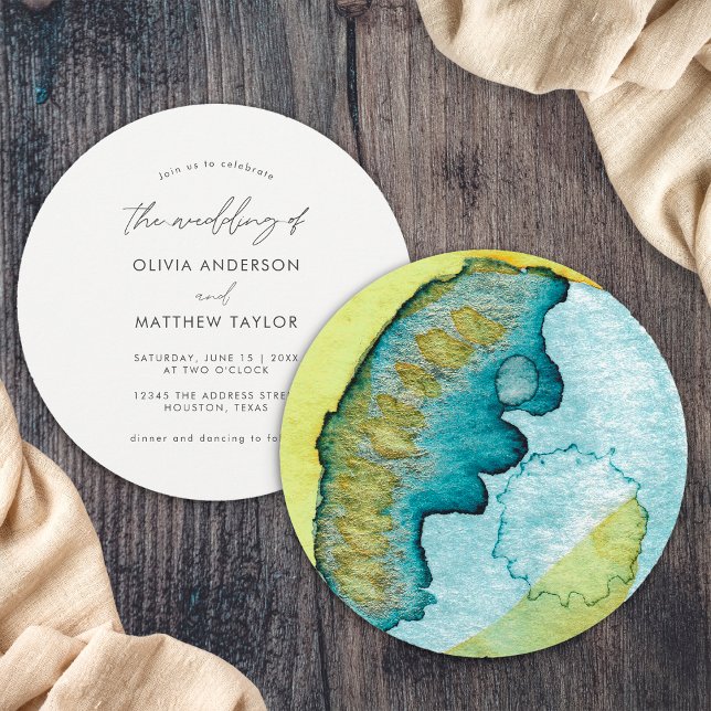 Blue Simple Abstract Watercolor Art Unique Wedding Invitation (Front/Back)