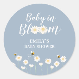 Blue Simple Boho Daisy Floral Baby In Bloom Shower Classic Round Sticker