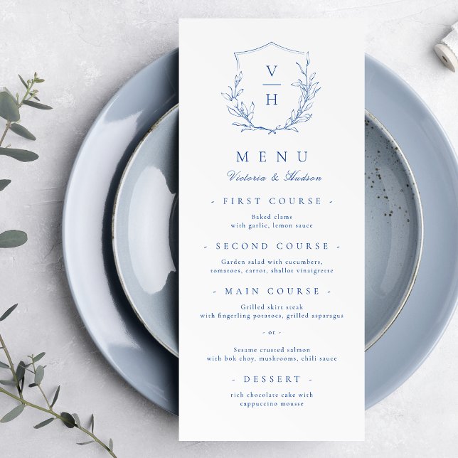  Blue simple botanical crest monogram wedding  Menu (Blue simple botanical crest monogram wedding Menu)