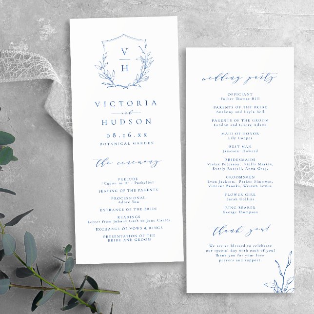  Blue simple botanical crest monogram wedding Programme (Blue simple botanical crest monogram wedding Program)