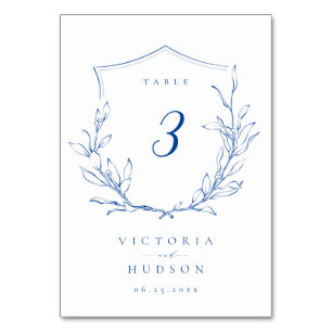 Blue simple botanical crest monogram wedding Table Number