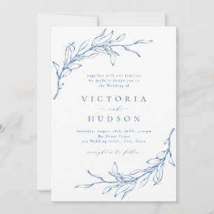 Blue simple botanical wreath rustic wedding invitation