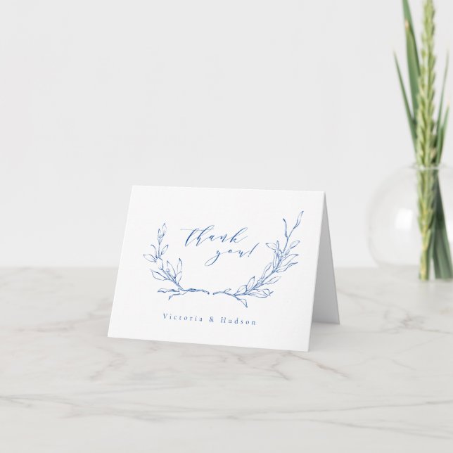Blue simple botanical wreath wedding thank you card (Front)