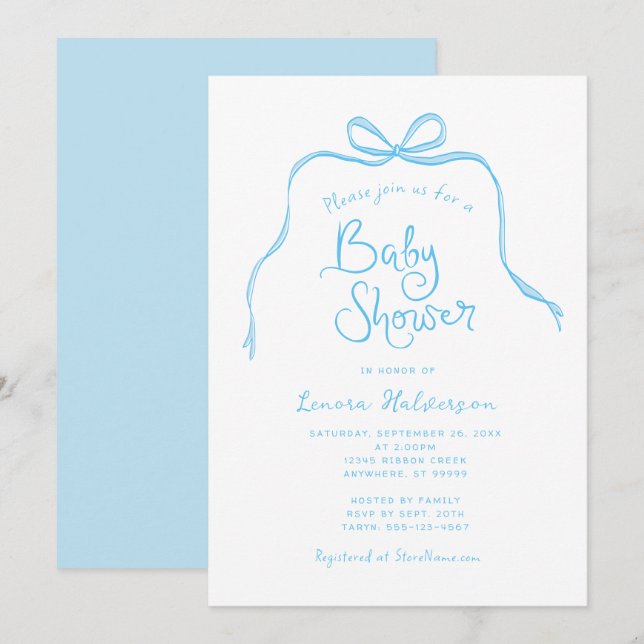 Blue Simple Bow Baby Shower Invitation (Front/Back)