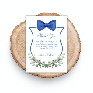 Blue Simple Bow Eucalyptus Crest Boy Baby Shower Thank You Card