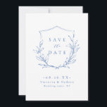 Blue simple elegance botanical crest save the date<br><div class="desc">Elegant rustic hand illustrated botanical leaves crest with modern trendy script and classic font in blue and white,   Simple and sophisticated. Great save the date cards for modern classic wedding,  simple formal wedding,  elegant botanical garden wedding. 
See all the matching pieces in collection</div>