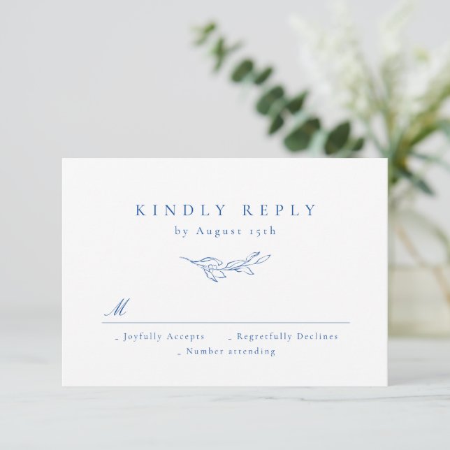 Blue simple elegance botanical greenery wedding RSVP card (Standing Front)