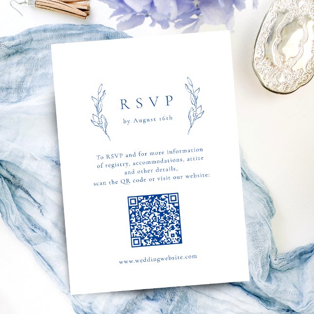 Blue simple elegance botanical QR code wedding RSVP Card (Blue simple elegance botanical QR code wedding RSVP Card)