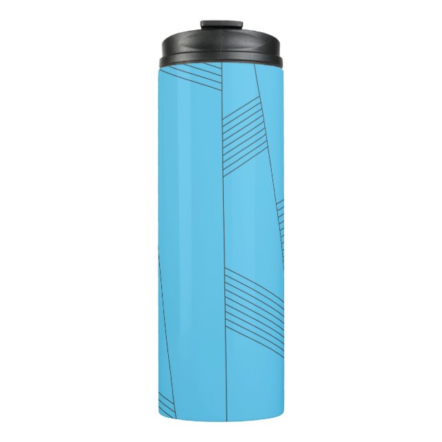Blue, simple, elegant, abstract line pattern thermal tumbler (Front)