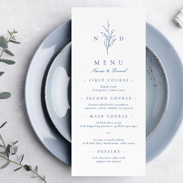 Blue simple elegant botanical monogram wedding menu (Blue simple elegant botanical monogram wedding menu)