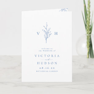 Blue simple elegant botanical monogram wedding programme