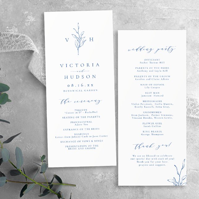 Blue simple elegant botanical monogram wedding programme (Blue simple elegant botanical monogram wedding program)