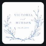 Blue simple elegant botanical wreath wedding square sticker<br><div class="desc">Rustic hand illustrated botanical leaves wreath in blue and white,  simple and elegant,  great wedding favour stickers for summer boho rustic wedding,  spring botanical garden wedding. 
See all the matching pieces in collection</div>