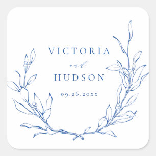 Blue simple elegant botanical wreath wedding square sticker