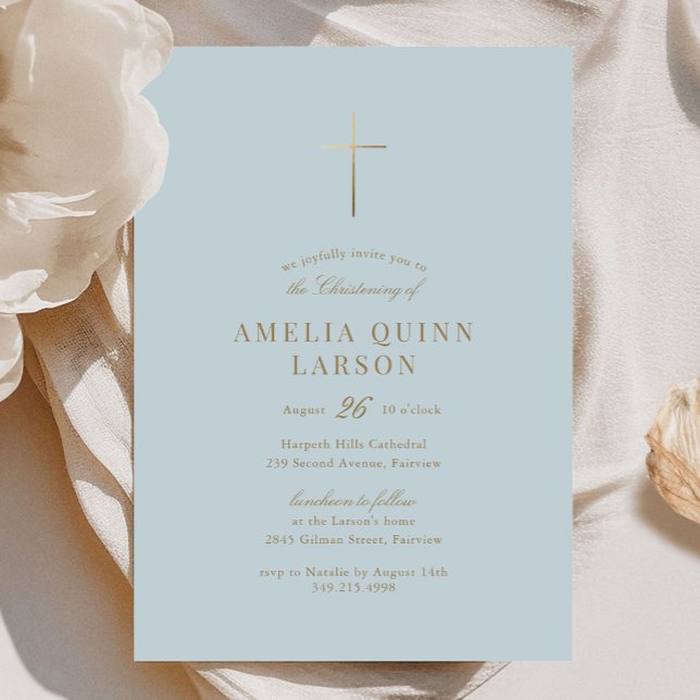 Blue Simple Elegant Gold Cross Christening Invitation (Creator Uploaded)