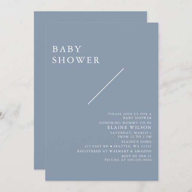 Blue Simple Elegant Modern Baby Shower  Invitation (Front/Back)
