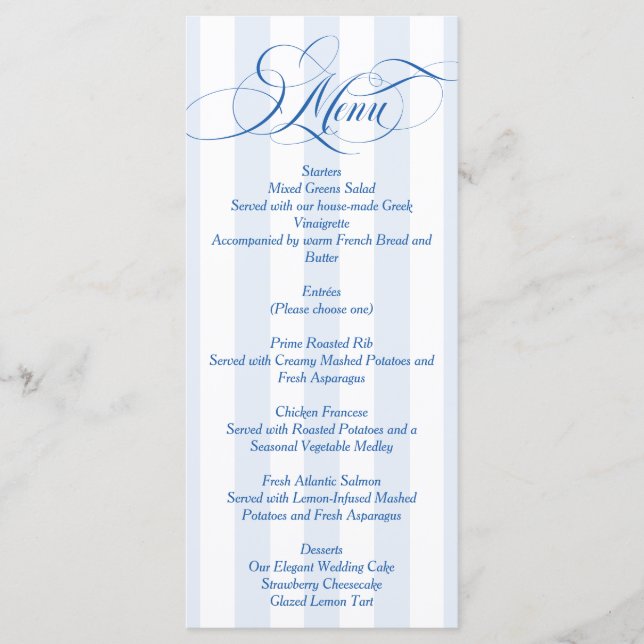Blue Simple Elegant Script Wedding Menu (Front)