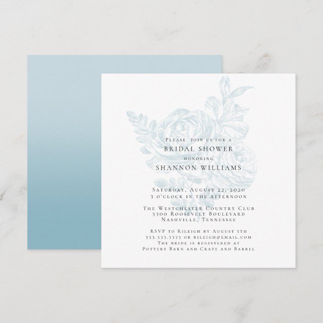 Blue Simple Floral Bridal Shower Invitation (Front/Back)