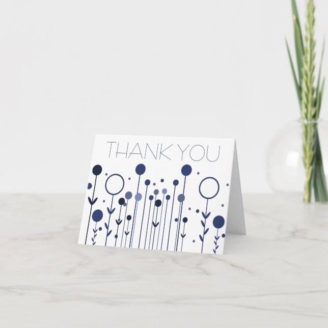 Blue Simple Floral Dot Modern Thank You Card (Front)