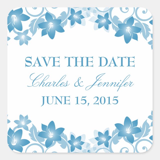 Blue Simple Floral Save the Date Stickers (Front)