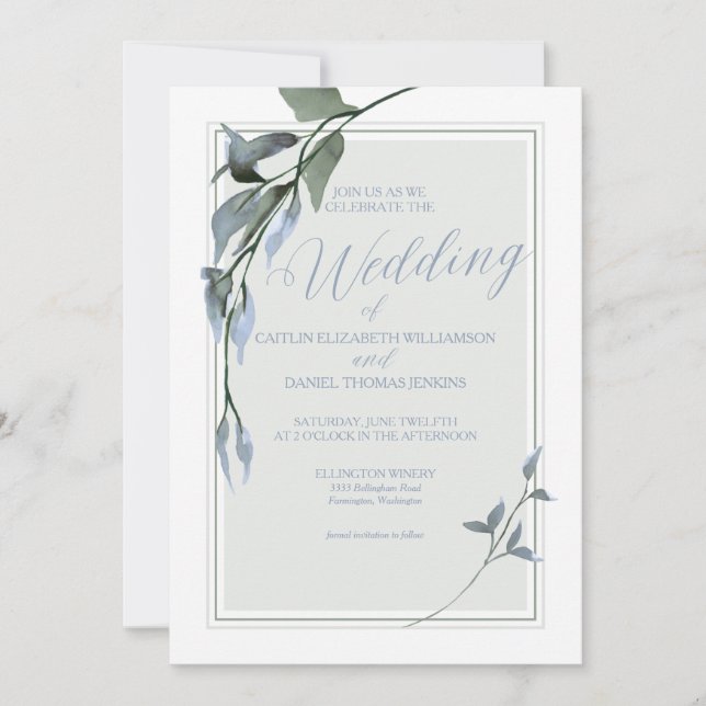 Blue Simple Floral Wedding Invitation (Front)