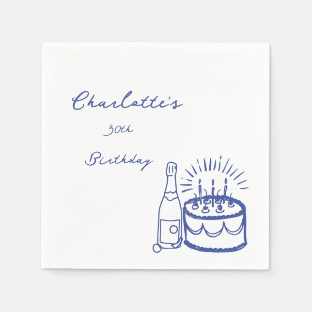 BLUE simple Hand Drawn 30th Birthday  Napkin (Front)