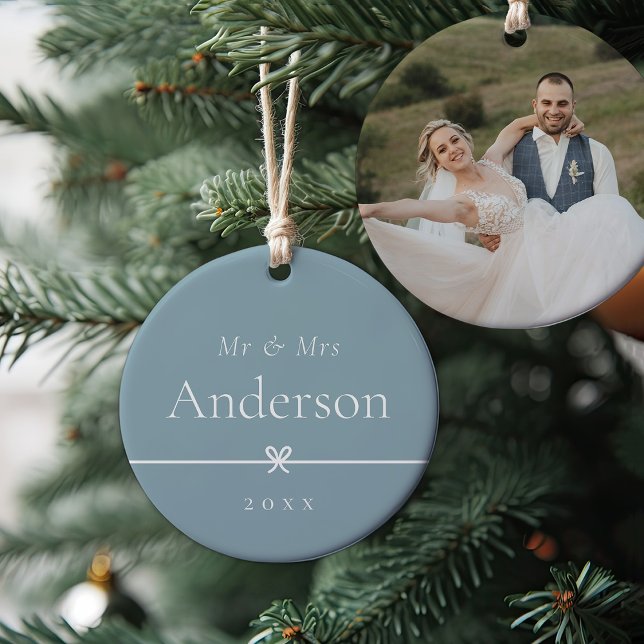 Blue | Simple Minimal Bow Wedding Photo Ceramic Tree Decoration (Creator Uploaded)