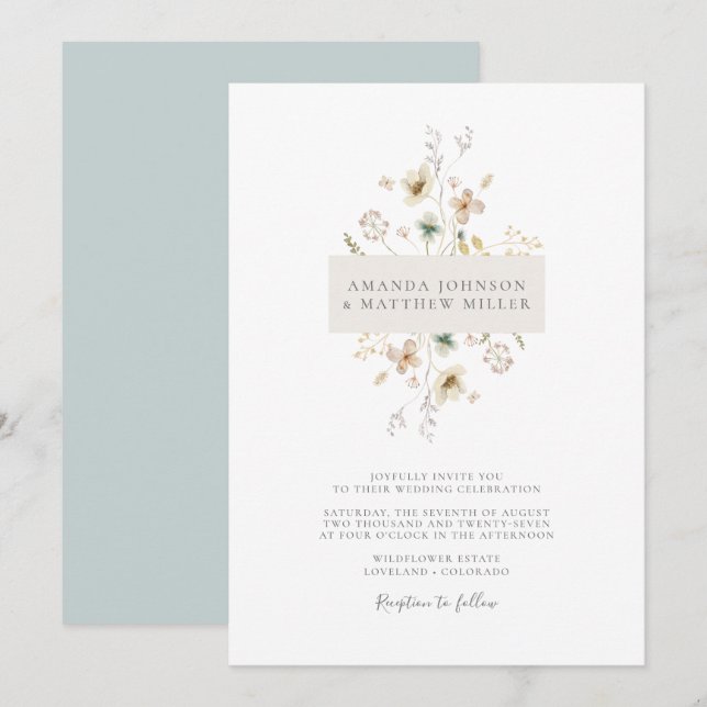Blue Simple Minimal Elegant Pressed Floral Wedding Invitation (Front/Back)