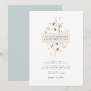 Blue Simple Minimal Elegant Pressed Floral Wedding Invitation