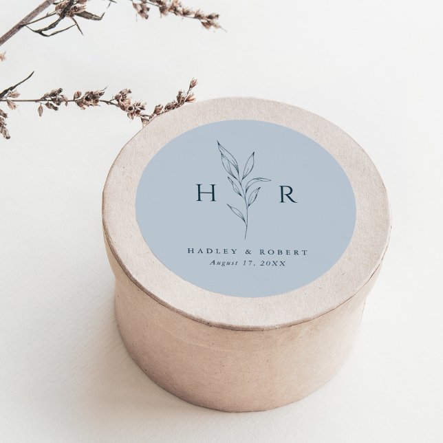 Blue Simple Minimal Monogram Botanical Wedding Classic Round Sticker (Creator Uploaded)