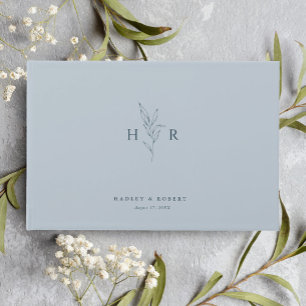Blue Simple Minimal Monogram Botanical Wedding Guest Book