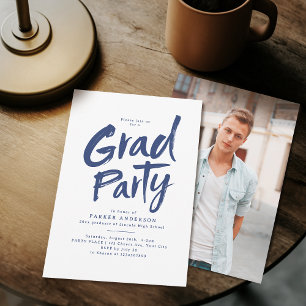 Blue Simple Modern Brush Script Graduation Party Invitation