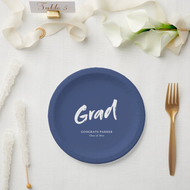 Blue Simple Modern Brush Script Graduation Party Paper Plate (Wedding)