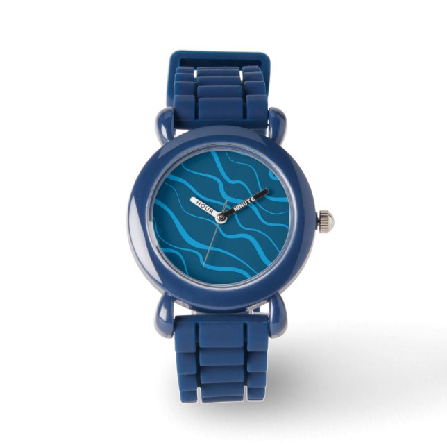Blue, simple, modern, cool wave abstraction watch (Front)