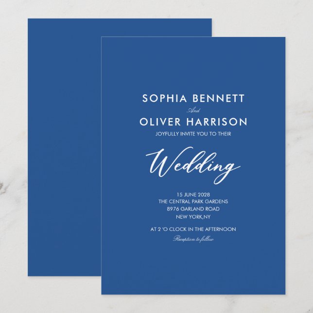 blue SIMPLE modern elegant WEDDING INVITE (Front/Back)