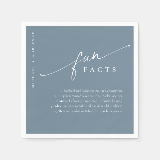 Blue Simple Modern Script Fun Facts Wedding Napkin (Front)