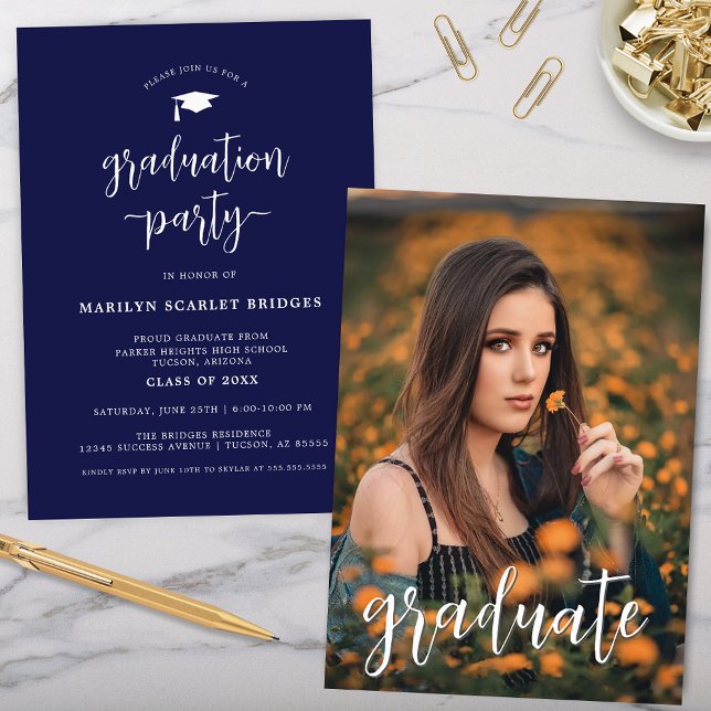 Blue Simple Modern Script Graduation Invitation (dark blue simple script modern graduation invitation for grad party at high school or college level)