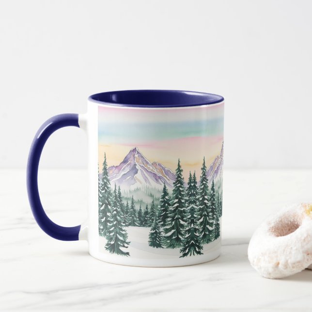 Blue simple Modern xmas pine tree snow Aurora Mug (With Donut)