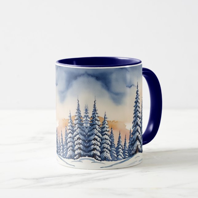 Blue simple Modern xmas pine tree snow Aurora Mug (Front Right)