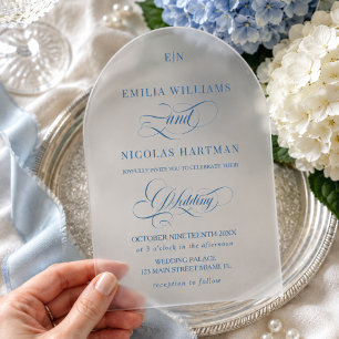 Blue Simple Monogram Classic Wedding Acrylic Invitations