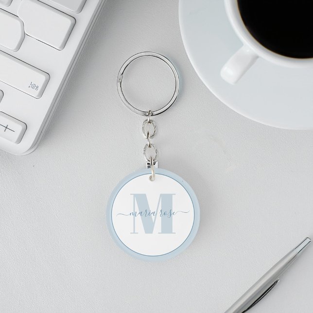 Blue Simple Monogram Personalised Key Ring (Simple monogram keychain with calligraphy name template)