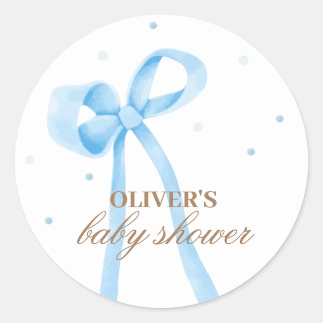 Blue Simple Polka Dot Bow Baby Shower Classic Round Sticker (Front)