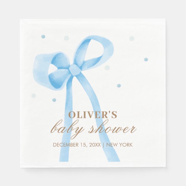 Blue Simple Polka Dot Bow Baby Shower Napkin (Front)