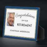 Blue Simple Retirement Party Photo Banner Plaque<br><div class="desc">This retirement party table top plaque features a simple professional layout with a dark blue and gold border. Say congratulations with this simple and easy to read sign. Personalise with a photo of the honoree.</div>
