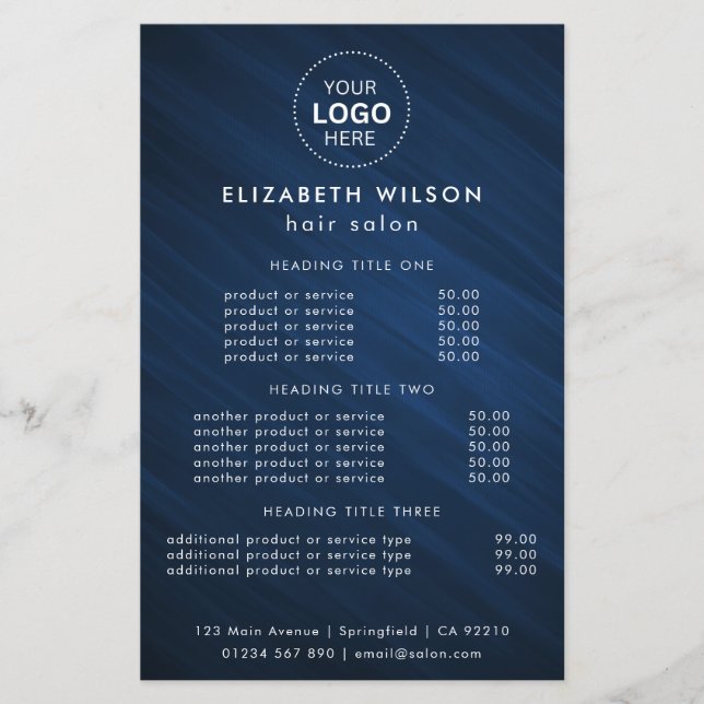 Blue Simple Salon Service Menu Flyer (Front)